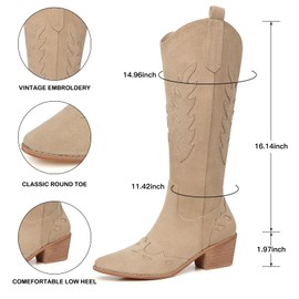 SHIBEVER Cowboy Boots for Women Knee High Suede Pointed Toe Cowgirl Boots Embroidered Pull-On Chunky Heel Western Boots Khaki 9