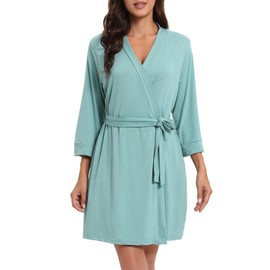 Women Kimono Robes Lightweight Knee Length Robe Knit Bathrobe Soft Sleepwear V-Neck Loungewear for Women Celadon Green L