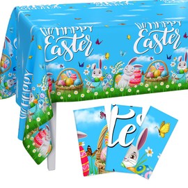 AIBIIN 3PCS Happy Easter Tablecloth Decoration Colorful Easter Bunny Eggs Party Table Covers Blue Watercolor Spring Disposable Plastic Rectangle Tablecloth Supplies for Home, Kitchen 54 x 108 Inch