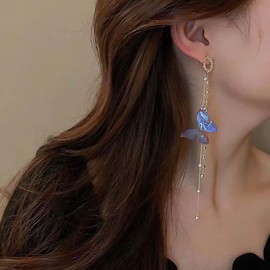 Inilbran Boho Butterfly Tassel Chain Dangle Earrings Vintage Crystal Pearl Drop Earrings Purple Butterfly Pearl CZ Earrings Long Pearl Chain Tassel Earrings Jewelry for Women and Girls