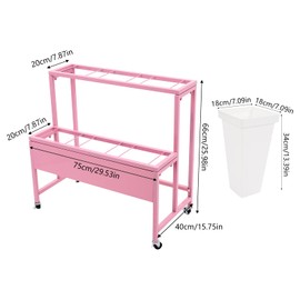 2 Tier Flower Display Stand with Square Buckets, Decorative Flower Holder Heavy Duty Rolling Plant Stand Plastic Buckets Iron Plant Stand with 4 Universal Wheel, Moving Bouquet Shelf for Florist Garden (6 White Bucket Pink Shelf)