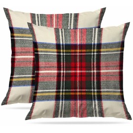 Plaid Cushion Covers 40x40cm, Scottish Tartan Red and White Wool Plaid Pattern Symmetric Square Print Double Sided Decorative Pillow Case Throw Pillows Cover