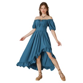 Scarlet Darkness Peasant Dress for Women Cottagecore Off Shoulder Dress Summer Long Dress Blue XL