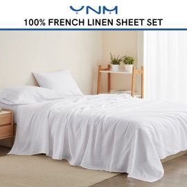 YnM Linen Sheet Set - Cozy, Skin-Friendly, and Eco-Friendly Pure Linen Sheets Collection, 4-Piece Set Includes Flat Sheet, Fitted Sheet, and 2 Pillowcases – Full, White