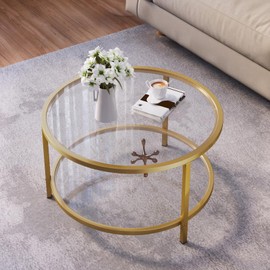 SAYGOER Round Glass Coffee Table 2 Tier Coffee Tables with Storage Shelf for Large or Small Space Modern Simple Center Table with Gold Frame for Living Room Home Office, Easy Assembly…