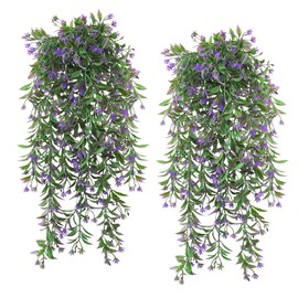 TOCHGREEN 4Pcs Artificial Hanging Plants Fern Vine, Faux Plastic Plants Fake Ivy Vine Greenery Garland with Purple Flower, Outdoor Indoor Decorations for Living Room Balcony Garden Wall Home Decor