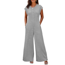 Cicy Bell Women's Striped Jumpsuit with Wide Leg Short Sleeve Jumpsuit Round Neck Button Down Summer Outfit, White
