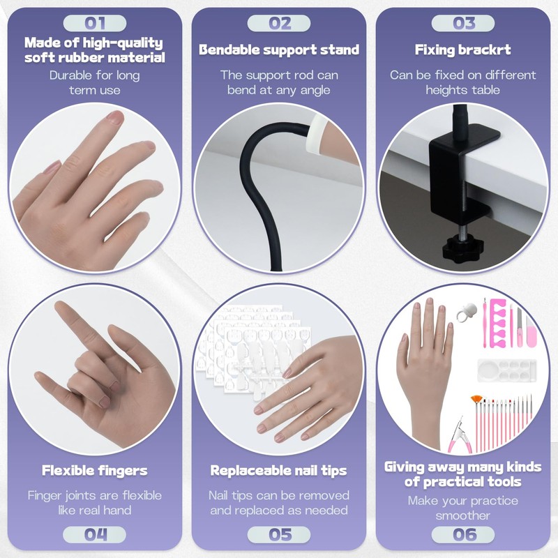 Practice Hand for Acrylic Nails, Flexible Bendable Fake Hand with