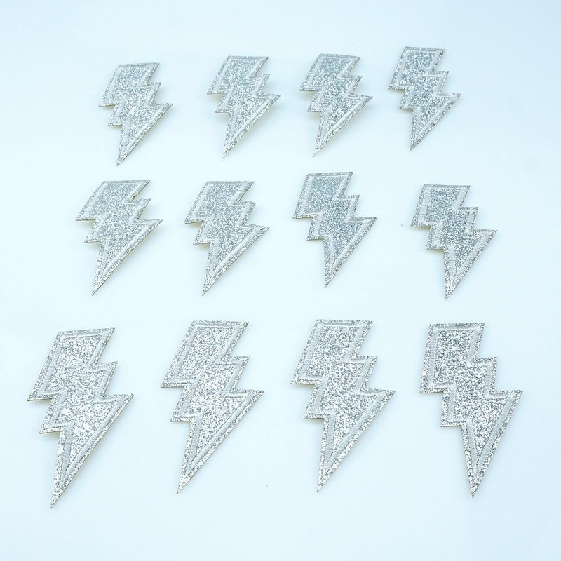 SaktopDeco 12 PCS Silvery Glitter Lightning Iron On Patches Embroidered