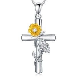 ZBA Natural Diamond Butterfly Sunflower Cross Necklace for Women 14K White Gold Plated Sterling Silver Cross Pendant Necklace Birthday Christmas Gifts for Her Mom Wife Girlfriend(Color F-G/Clarity I1-I2)