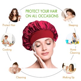 BIZBUY 3 Pack Satin Bonnet, Hair Bonnet for Sleeping, Night Hair Sleeping Caps with Wide Elastic Band, Silk Bonnet is Suitable for Long, Straight and Curly Hair.