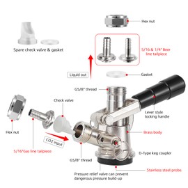 Dbgogo Sankey Keg Coupler D System, O.D 1/4'' & 5/16” Beer Tailpiece & 5/16'' Gas Barb Beer Keg Coupler Stainless Probe Sankey D Coupler Keg Tap with Check Valve Sealing Washer Hose Clamp