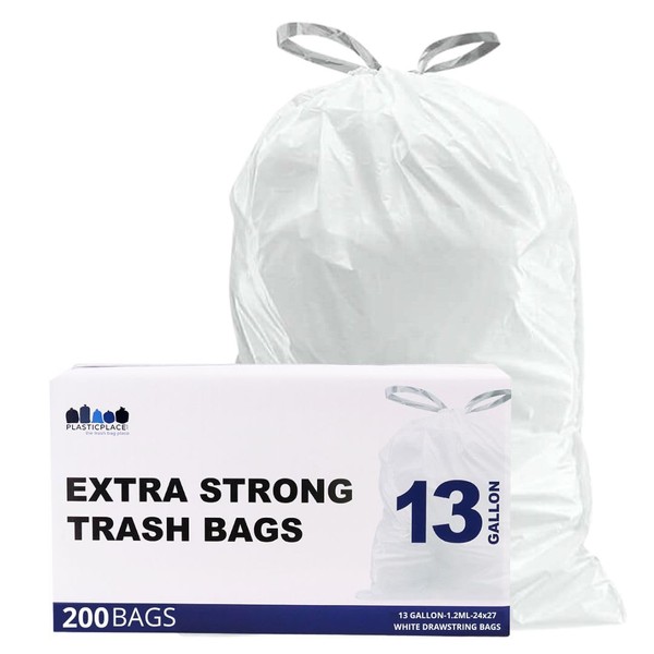 Plasticplace 13 Gallon Trash Bags 1.2 Mil White Drawstring Garbage Can Liners 24"x27 (100 Count)