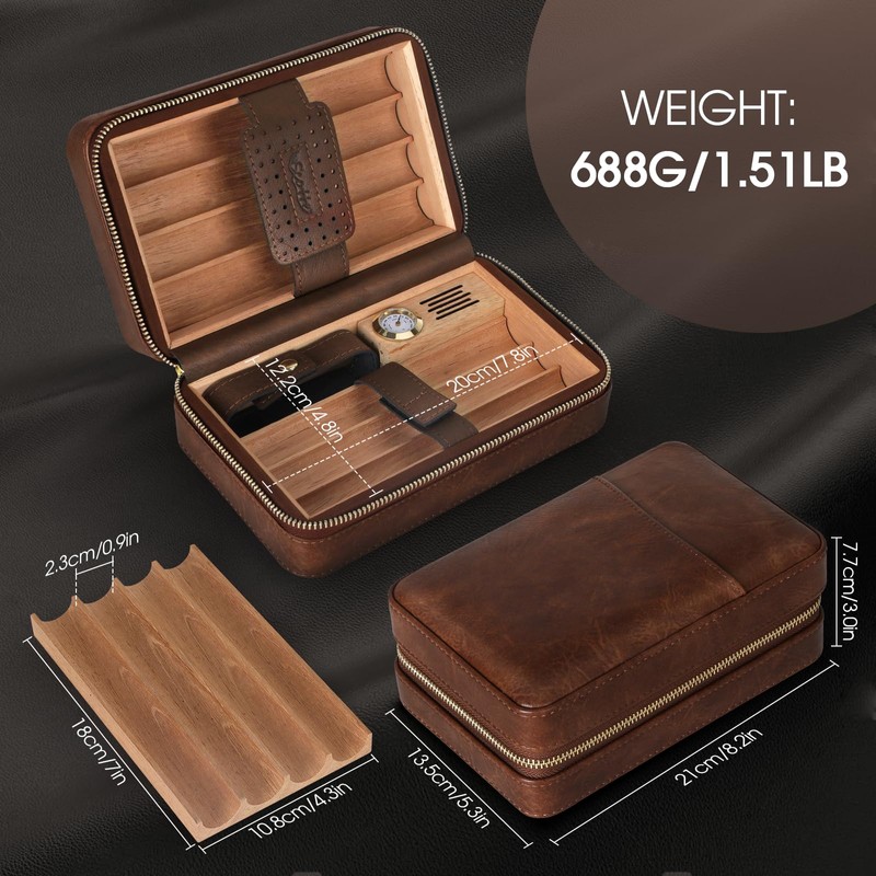 Scotte Cigar Humidor Box, Cigar Lighter Cedar Wood Lined Leather