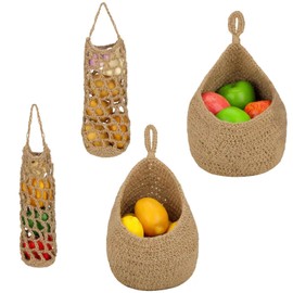 Sonhomay 4pcs Hanging Fruits Basket Boho Wall Fruit Basket Woven Jute Vegetable Hanging Holder Basket with 8 Hooks for Kitchen