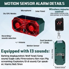 Qualirey 4 Pcs Solar Outdoor Motion Sensor Alarm with Stake Animal Deterrent Dog Barking Sensor 13 Sound 130db Loud Noise Maker 4 Mode with USB Remote Control Support Recording Volume Adjustment