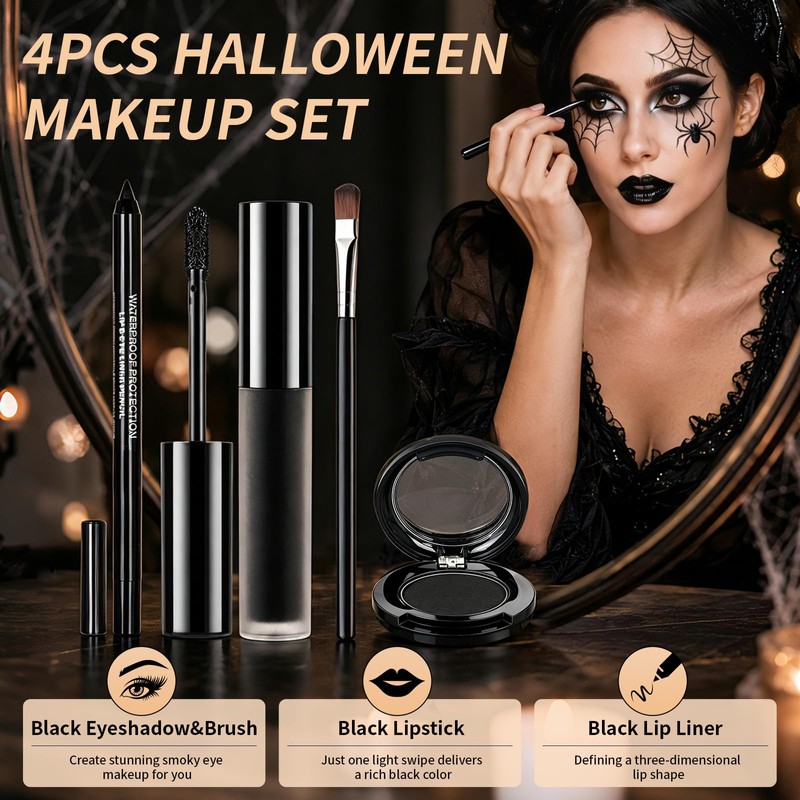 4PCS Black Lipstick Eyeshadow Eyeliner Set for Halloween Makeup
