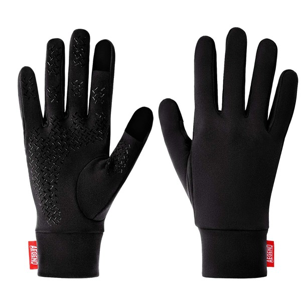 Aegend Running Gloves Women Men Touch Screen Cycling Sports Liner Warm Gloves, Black, Large