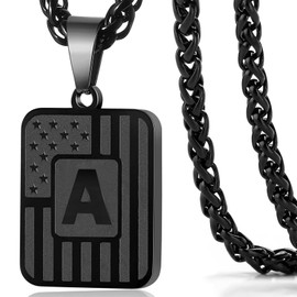 Beljeley Initial Letter A-Z American Flag Tag Pendant Necklace with Black Chain, Stainless Steel Necklace for Men (A)