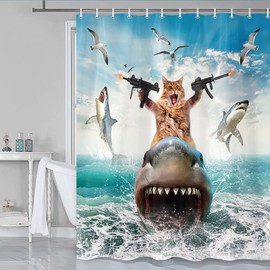 Funny Cat Shower Curtain for Bathroom, Cat Shower Curtains for Boys, Funky Cats Riding Shark Fighting on Blue Ocean Fabric Waterproof Shower Curtain Sets with Hooks,Navy Blue Beach Theme Curtains