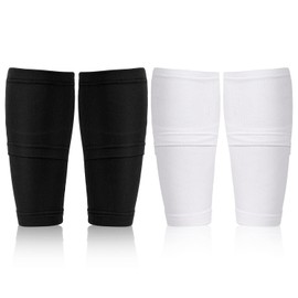 2 Pairs Soccer Shin Guard Sleeves, Breathable Football Shin Pad Holder Protective Soccer leg Shin Guard Covers Soft Calf Socks with Pocket for Kids Youth Adults Beginners Running (Black + White)