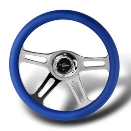 RACING9SPEED W-POWER Universal 14" 350MM 6-Hole 6 Bolts 4-Spoke Vintage Steering Wheel w/Horn Button, Car Mods Interior Accessories, Auto Replacement Part Assembly (Blue Leather Grip/Chrome Center)