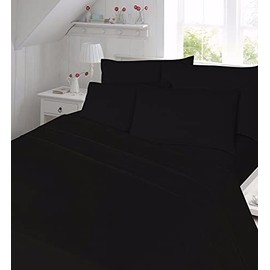 Comfort Collections Flannelette Fitted Bed Sheet Thermal Soft With FREE MATCHING 2 X PILLOW CASE Plain Dyed 100% Cotton Bed Fitted Sheet Black Small Double 4FT