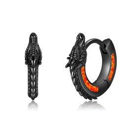 16mm Dragon Hoop Earrings Sterling Silver Black Red Opal Dragon Huggie Hoop Earrings Viking Punk Rock Jewelry Gift for Men