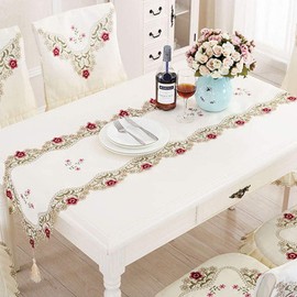 WELLYUK 15" X 69" Vintage Flower Embroidered Table Runner, Polyester Lace Cream Floral Dresser Scarves for Dining Dinner Kitchen Hotel Wedding Party Indoor Home Decor