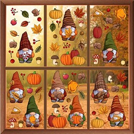 WALPLUS Autumn Window Clings Fall Decor Thanksgiving Decorations Double-Sided Reusable Peel and Stick Removable for Glass Living Room Nursery Room Home Office Thanksgiving Gnomes 102 Pieces