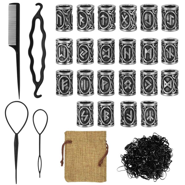DECARETA 24 Pieces Beard Beads Viking Rune Beard Beads 10 x 13 mm Nordic Hair Beads Beard Jewellery Braiding Rune Beads with Clip and 400 Black Rubber Bands with Bag for Bracelet Necklace DIY Pendant,