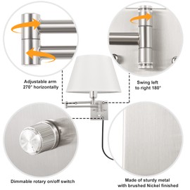 TRLIFE Dimmable Wall Sconce Plug in, Brushed Nickel Wall Sconces Set of Two Swing Arm Wall Lights with Plug in Cord and On/Off Dimmer Rotary Switch, 11.8" Large White Fabric Shade(2 Pack, 2 Bulbs)