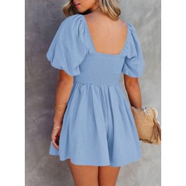 AlvaQ Womens Romper Trendy 2025 Cute Solid Color Short Sleeve Rompers Square Neck Pocketed Shorts Jumpsuits Summer Outfits,Sky Blue,X-Large