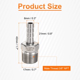 sourcing map 3pcs Stainless Steel Hose Barb Fitting 0.3" (8mm) Barbed x 3/8" NPT Male Pipe Fitting Air Hose Barb Fittings Coupler Thread Connector Adapter for Water Fuel