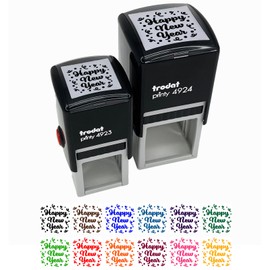 Happy New Year Confetti Self-Inking Rubber Stamp Ink Stamper - 1-1/2 Inch Large - Black Ink