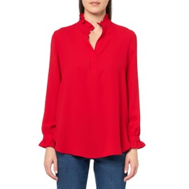 Anne Klein Women's Ruffle Notch Neck TOP W Long Sleeves, Crimson RED
