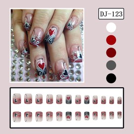 TBRZTR Valentine's Day Press on Nails Medium Square Black Red Heart False Nails White Lines Design Gradient Charm Full Cover Acrylic Nails Glitter Powder Coffin Nails Stick on Nails for Women 24Pcs