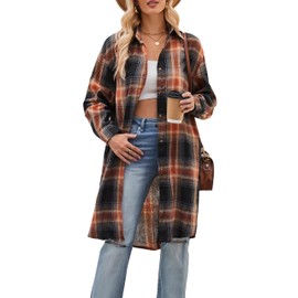 Korebow Womens Casual Long Flannel Plaid Shirts Fall Fashion Long Sleeve Boyfriend Coats Jackets with Pockets(0241-Khaki-M)