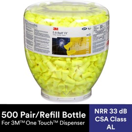 3M 3M Ear Plugs, 500 Pair/Refill Bottle for One Touch Dispenser, E-A-Rsoft FX 391-1012, Uncorded, Disposable Foam Earplugs, Noise Reduction Rating NRR 33, Drilling, Grinding, Machining, Sawing, Welding