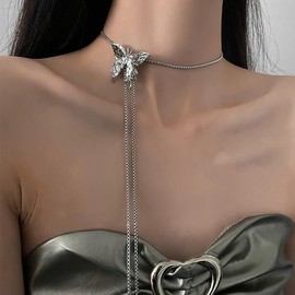 Inateannal Butterfly Y Lariat Necklace Silver Butterfly Choker Necklace Long Butterfly Drop Y Necklace Large Butterfly Pendant Necklace Adjustable Butterfly Lariat Necklace Jewelry for Women Girls