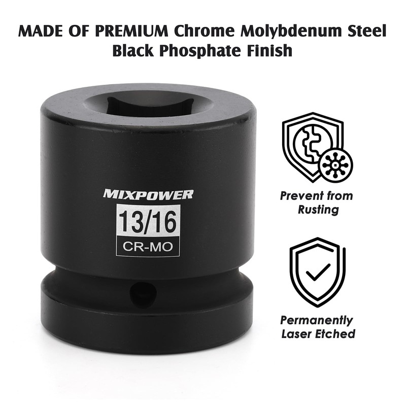 MIXPOWER 1"Drive 13/16" Square Socket, CR-MO, 4-Point, SAE, Black Phosphate