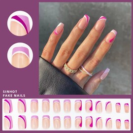 SINHOT Medium Press on Nails Square Fake Nail Squoval Acrylic Nail Glossy French Tip Nails Glue on Nails Daily Use Full Cover False Nail 24 pcs