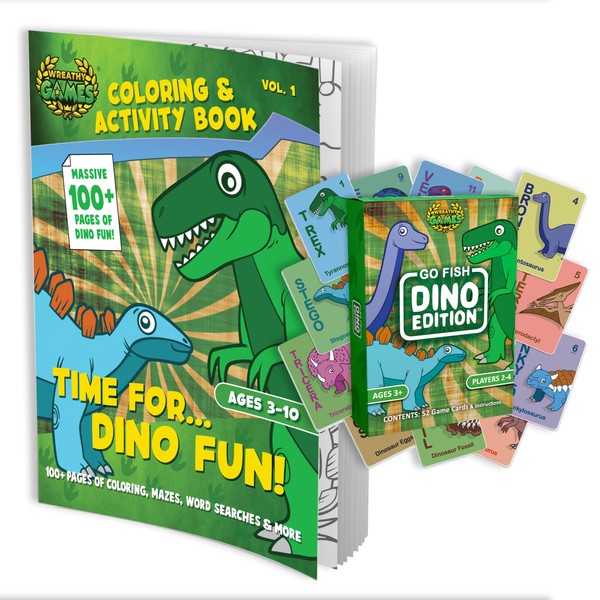 Wreathy Games - Game Bundles (Go Fish - Dino Deck & Time for... Dino Fun! Coloring & Activity Book Bundle)