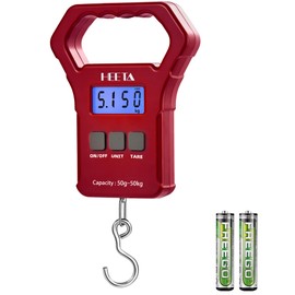 HEETA Fish Scale, 110lb/50kg Digital Portable Hanging Fishing Weight Scale with Backlit LCD Display, Luggage Scale with Hook & Non-Slip Large ABS Handle & 2 AAA Batteries, Fishing Gift for Men, Red