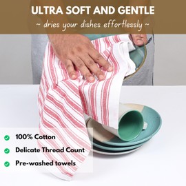 Native Fab Stripe Kitchen Towels - 100% Cotton - 12 Pack - 16"x26" - Basket Weave Striped Tea Towels, Dish Cloths for Drying Dishes, Absorbent, Quick Dry Towels Set with Hanging Loop - Red White