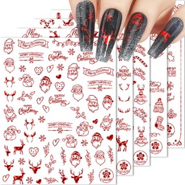 HNUIX Nail Stickers - 3D Christmas, Self Adhesive Nail Decals, Multi Pattern, Red, 9 Sheets, for Nail Art
