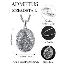 ADMETUS Sterling Silver Miraculous Medal Necklace for Men Virgin Mary Pendant Jewelry Mens Amult Protection Religious Gifts