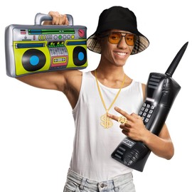 80s 90s Hip Hop Rapper Costume Kit with Hat, Sunglasses, Necklace, Ring, Inflatable Radio Boombox and Phone Black