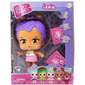 Boxy Babies Season 1 Collectible Fashion Toys - Baby Girl Purple Hair Izzie Doll with Teddy Headband Accessory - 2 Unboxing Boxes Included with Surprise Clothes and Accessories Inside