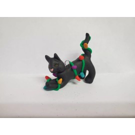 Celtic Forest Clay BLACK CAT Christmas Ornament TANGLED IN LIGHTS Stretching HAND MADE
